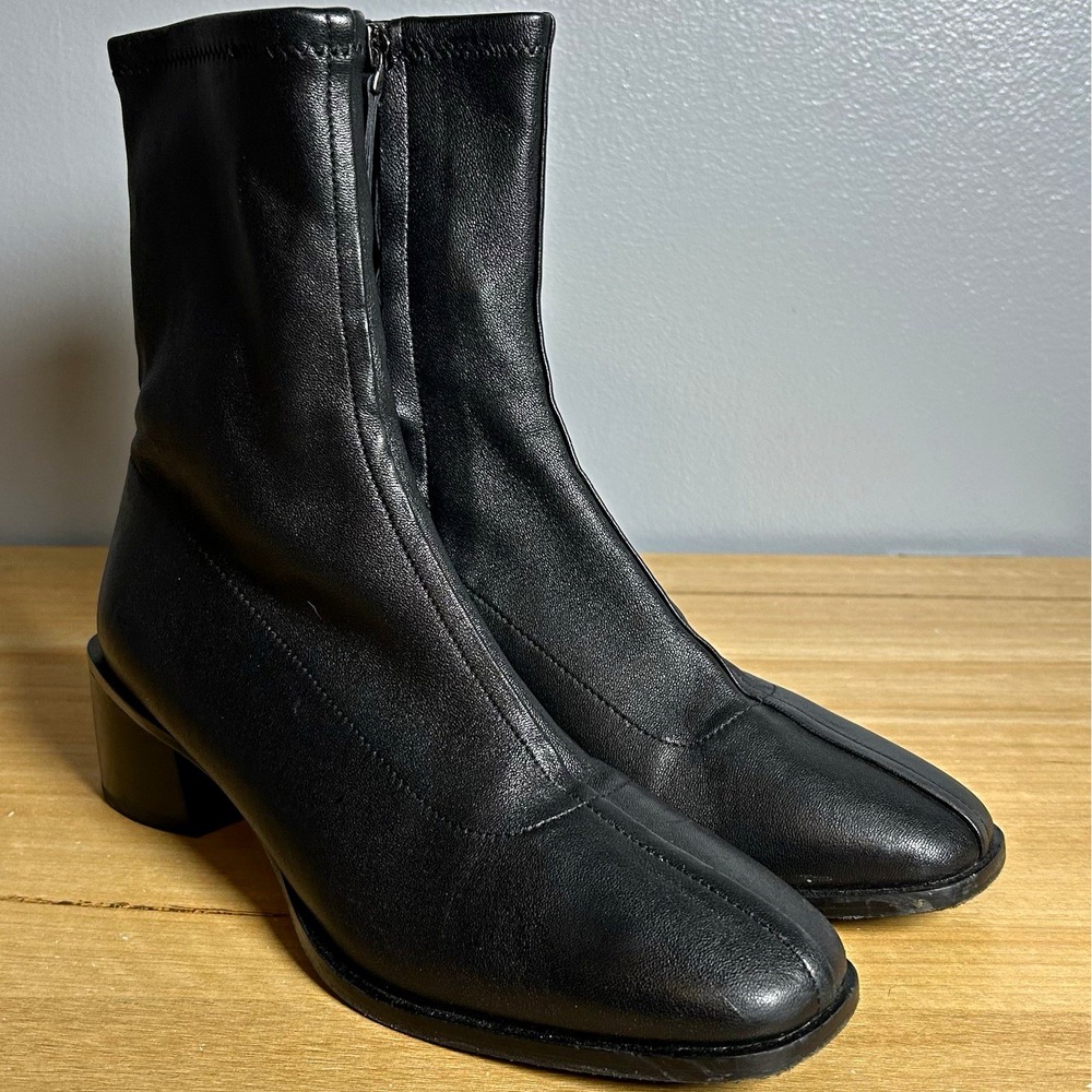 Quince Black Luxe Italian Leather Stretch Mid Calf Square Toe Heeled Sock Bootie